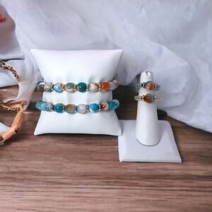 NWT Wool + Pepper Co. Blue Orange Jade Beaded Bracelet and Ring Set